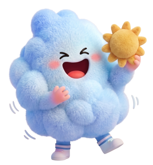 Sobery, a happy fluffy blue cloud mascot holding a sun