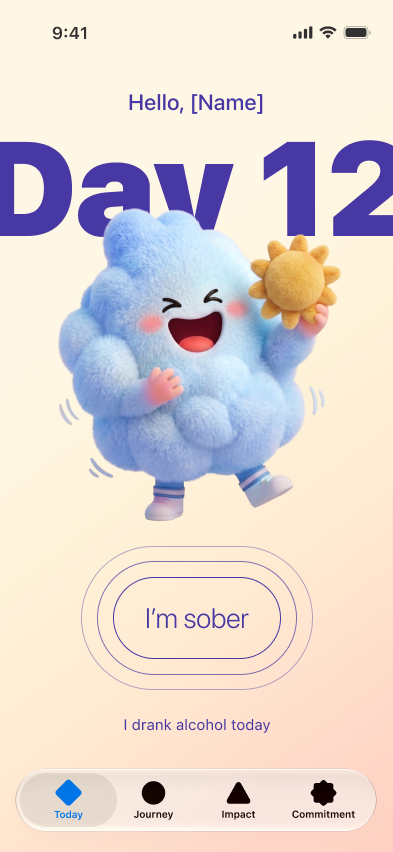 Sobery app: Today screen showing the mascot and Day 12 streak
